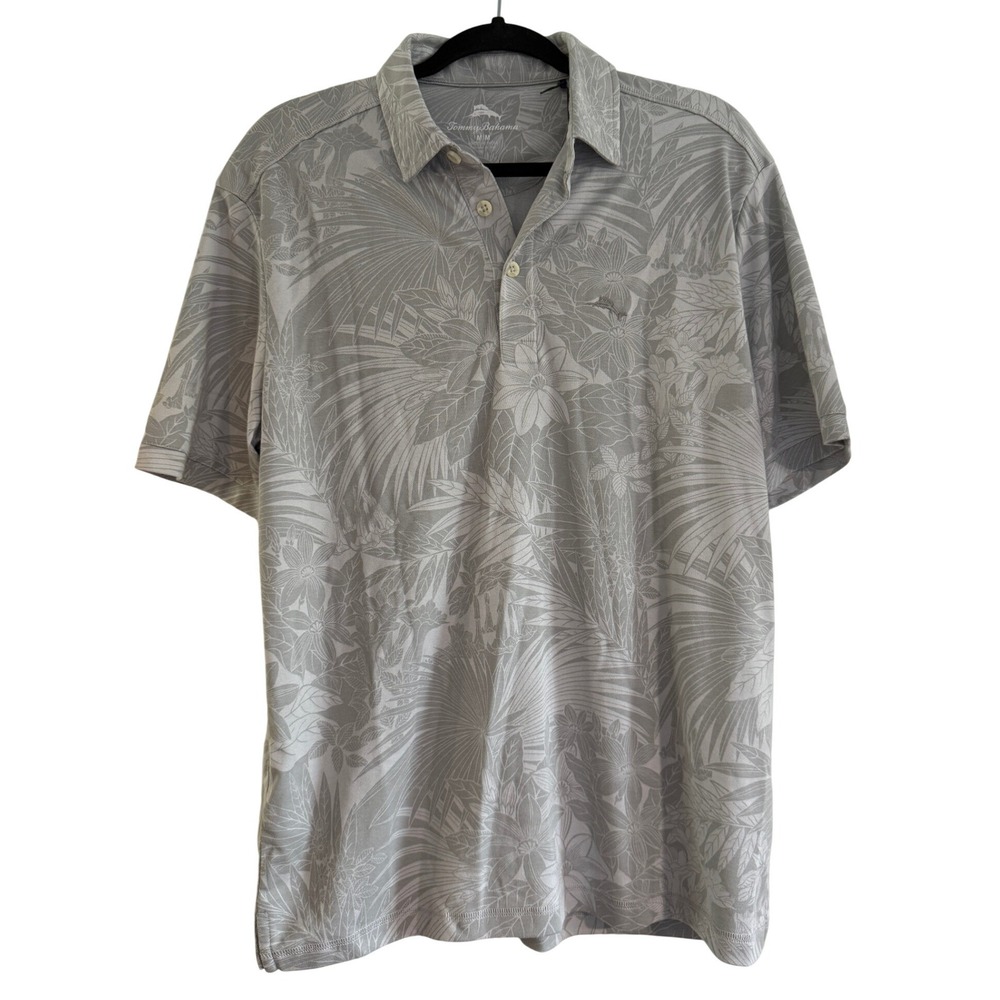 Tommy Bahama Men's Sz Med Zinc Gray Tropical‎ Floral Polo Shirt ST227947TX